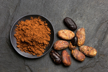 Cocoa powder in a black ceramic dish next to roasted peeled and unpeeled cocoa beans isolated on...