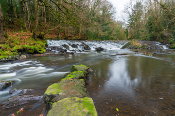 The River Cusher flowing through Clare Glen, Tandragee, County Armagh, Northern Ireland on a cold autumnal day.
