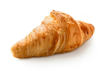 Single baked plain croissant isolated on white.