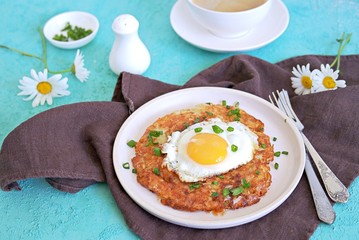 Roshty, fried potato pancake from boiled potatoes with egg on a white clay plate on a turquoise background. Swiss cuisine.