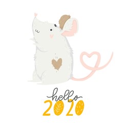 2020 Chinese New Year greeting card with cute hand drawn rat and lettering isolated on white. Vector illustration. Concept for holiday banner, decor element. Year of the rat
