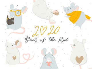 2020 Chinese New Year greeting card with cute hand drawn rat and lettering isolated on white. Vector illustration. Concept for holiday banner, decor element. Year of the rat