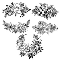 Flowers, bouquets and wreaths. Vector illustration hand drawing isolated on a transparent background