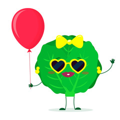 Kawaii cute cabbage vegetable cartoon character sunglasses hearts and earrings. Holds a red air balloon. Logo, template, design. Vector illustration, a flat style