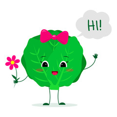 Kawaii cute cabbage vegetable cartoon character with a pink bow holding a flower and welcomes. Logo, template, design. Vector illustration, a flat style
