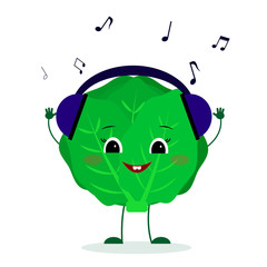 Kawaii cute cabbage vegetable character in cartoon style listening to music with headphones. Logo, template, design. illustration, flat style