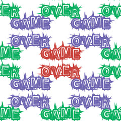 Red Blue Green Game Over Sign Seamless Pattern on White Background. Gaming Concept. Video Game Screen. Typography Design Poster with Lettering