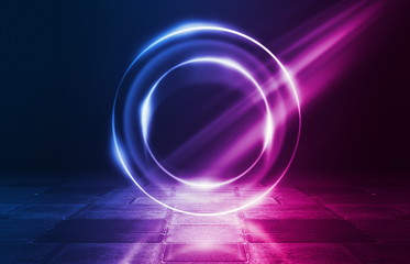 Empty background scene. Dark room, neon blue and pink figures in the dark, smoke. Abstract dark background.