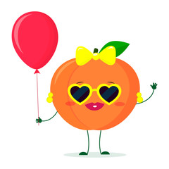 Kawaii cute peach fruit cartoon character sunglasses hearts and earrings. Holds a red air balloon. Logo, template, design. Vector illustration, a flat style