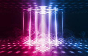 Fototapeta premium Background of an empty disco scene. Neon square figure in the center of the scene. Neon light smoke. Dark abstract futuristic background