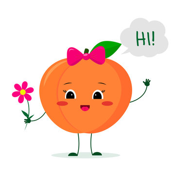 Kawaii cute peach fruit cartoon character with a pink bow holding a flower and welcomes. Logo, template, design. Vector illustration, a flat style