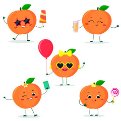 A set of five Kawaii cute peach fruit in cartoon style. In glasses with ice cream, with a balloon, with a lollipop, with juice, with a selfie phone. Flat, Vector illustration