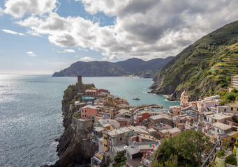 Vernazza / Italy - April 28 2019: View of the city of Vernazza (Cinque Terre) from the near by hiking trails.