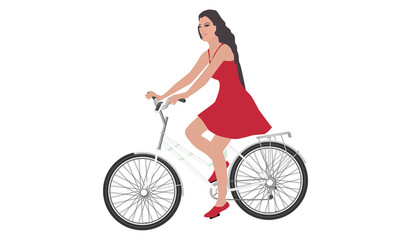 Fototapeta na wymiar A girl riding a bicycle in a red dress, long flowing hair - isolated on white background - vector