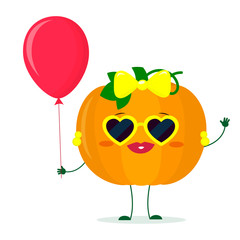 Kawaii cute pumpkin vegetable cartoon character sunglasses hearts and earrings. Holds a red air balloon. Logo, template, design. Vector illustration, a flat style