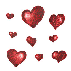 A set of red hand-drawn hearts for design, composition, greetings.
