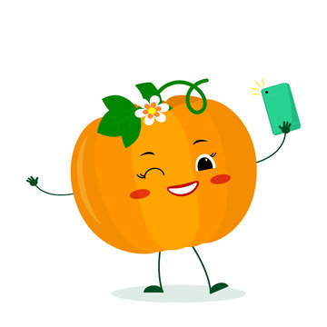 Kawaii cute pumpkin vegetable cartoon character with a smartphone and does selfie. Logo, template, design. Vector illustration, a flat style