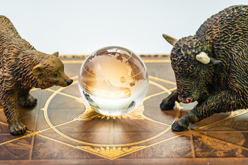 Bull and bear market, world stock exchange symbol for high and low season concept, bear and bull...
