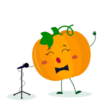 Kawai cute pumpkin vegetable singer with a bow tie sings into the microphone. Cartoon style character. Logo, template, design. Vector illustration, flat style