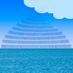 Secure storage on service cloud - concept image with binary code and cloud over a calm sea background