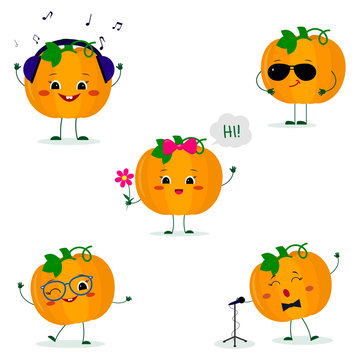 A set of five Kawaii cute pumpkin vegetablein a cartoon style. In headphones, in sunglasses, dancing in glasses , with a flower, singing into the microphone. Flat, Vector illustration