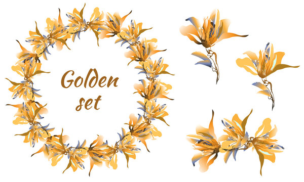 Set of hand drawn gold flowers. Luxurious flower wreath. Gold paint.