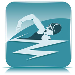 Square icon - swimmer, woman on blue background - vector. Sports lifestyle. Pool. Character for water sports.
