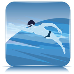 Square icon - Swimmer on abstract background - vector. Sports lifestyle. Pool. Character for water sports.