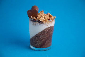 Delicious breakfast, cocoa chia pudding with yogurt and cereals