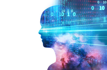 double exposure image of financial graph and virtual human 3dillustration