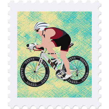 Postage stamp - Cyclist on bike - isolated on white background - vector. Sport. Healthy lifestyle