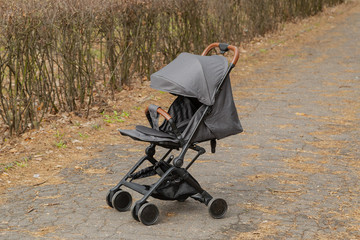 Beautiful baby carriage in the park. New design.