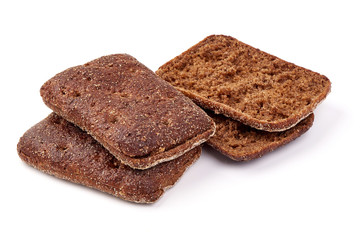 Slices of rye bread, crust, close-up, isolated on white background