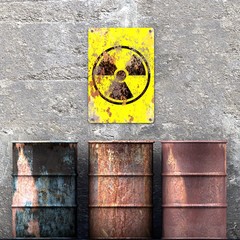 Storage radioactive waste, barrels resting on a wall, sign with radioactivity symbol, nuclear material. 3d rendering