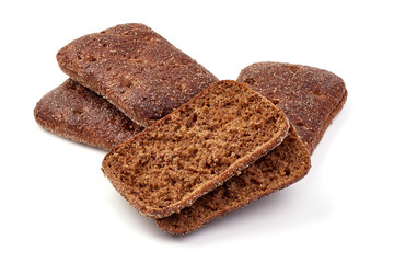 Slices of rye bread, crust, close-up, isolated on white background