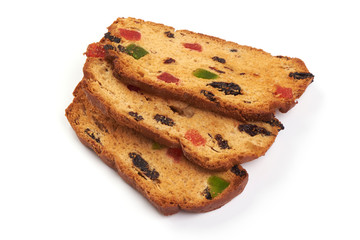 Rusks with pieces of candied dried fruit, close-up, isolated on white background