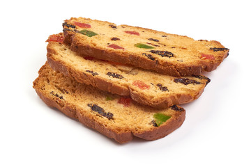 Rusks with candied fruit, close-up, isolated on white background