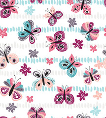 Seamless pattern with beautiful hand drawn butterfly. Tileable background for kids and women product design, fabric, stationery, textile, apparel. Fun and colorful vector illustration