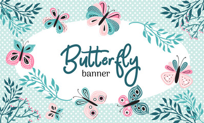 Fototapeta na wymiar Horizontal hand drawn banner or flyer design with cute colorful butterflies and branches. Vector summer and spring childish illustration in modern scandinavian style with text space