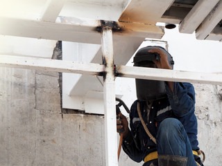 Welding work ,worker with protective welding metal on construction