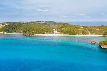 Fototapeta na wymiar Ilig Iligan Beach. White sand beach and clear coral lagoon. Coast of the island of Boracay, Philippines, top view.