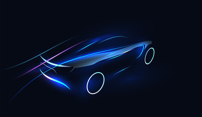 Abstract Futuristic Neon Glowing Concept Car Silhouette. Automotive template for your banner, wallpaper, marketing advertising. Vector illustration.