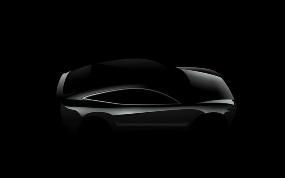 Side view black car silhouette on dark background. Concept car. Realistic modern vector illustration