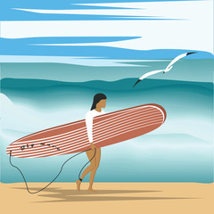 Surfing - seascape - big wave, seagull, sky. The girl goes on the beach with a surfboard - illustration, vector