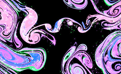 Magic space texture, pattern, looks like colorful smoke and fire with little stars. It look like little snowflakes on a white and black background.