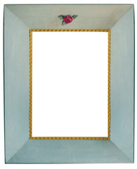 empty frame on the wallGreen vintage frame with a rose isolated on white. Cardboard and paper frame handmade.