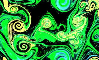 Magic space texture, pattern, looks like colorful smoke and fire with little stars. It look like little snowflakes on a white and black background.