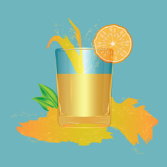 Fruit yellow juice in a transparent glass - orange slice, splashing, spilled - blue background - vector