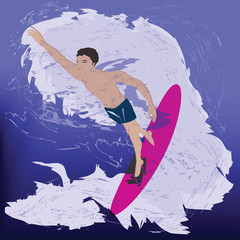 Surfer on the big wave - illustration, vector. Water sports.
