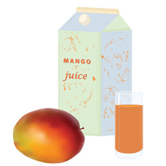 Mango, paper bag and transparent glass with juice - isolated on white background - vector